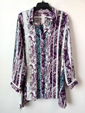 Chico’s Paisley Print Sharkbite Hem Tunic Blouse Purple Teal 4 Equals 20/22